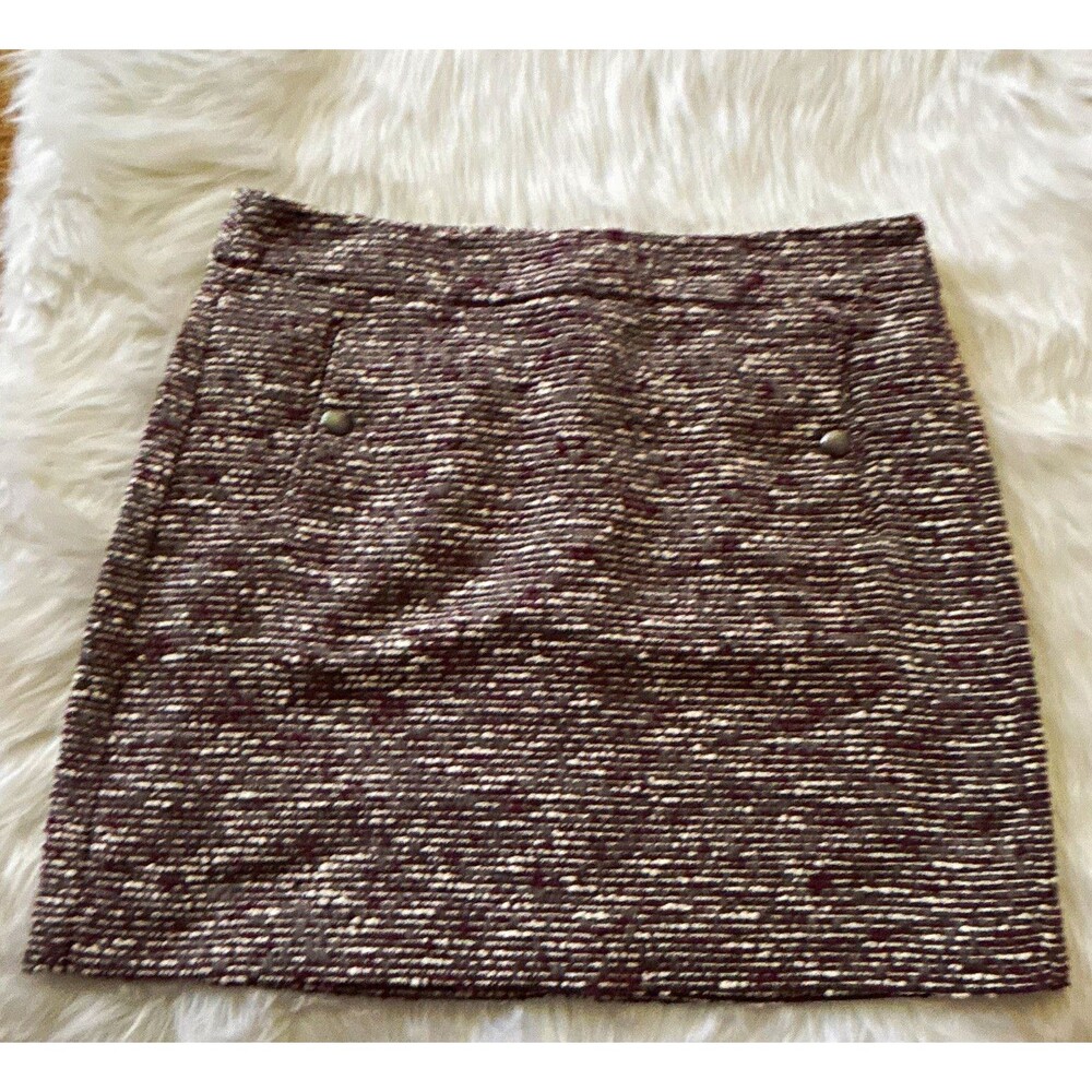 LOFT Womens Tweed Stripe Mini Skirt 10 Burgundy Gray White Button Pockets 604